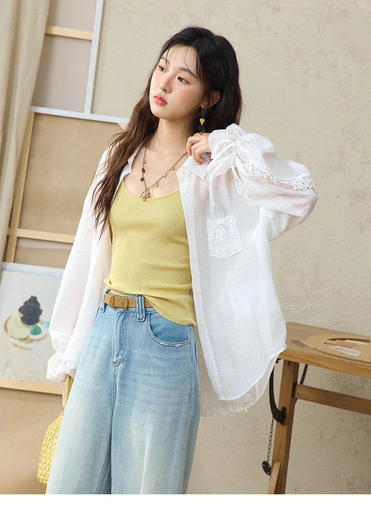 MISHOW Women's Patchwork Lace Shirt Lapel Drop Sleeve Drawstring Cuffs MXE31C0789
