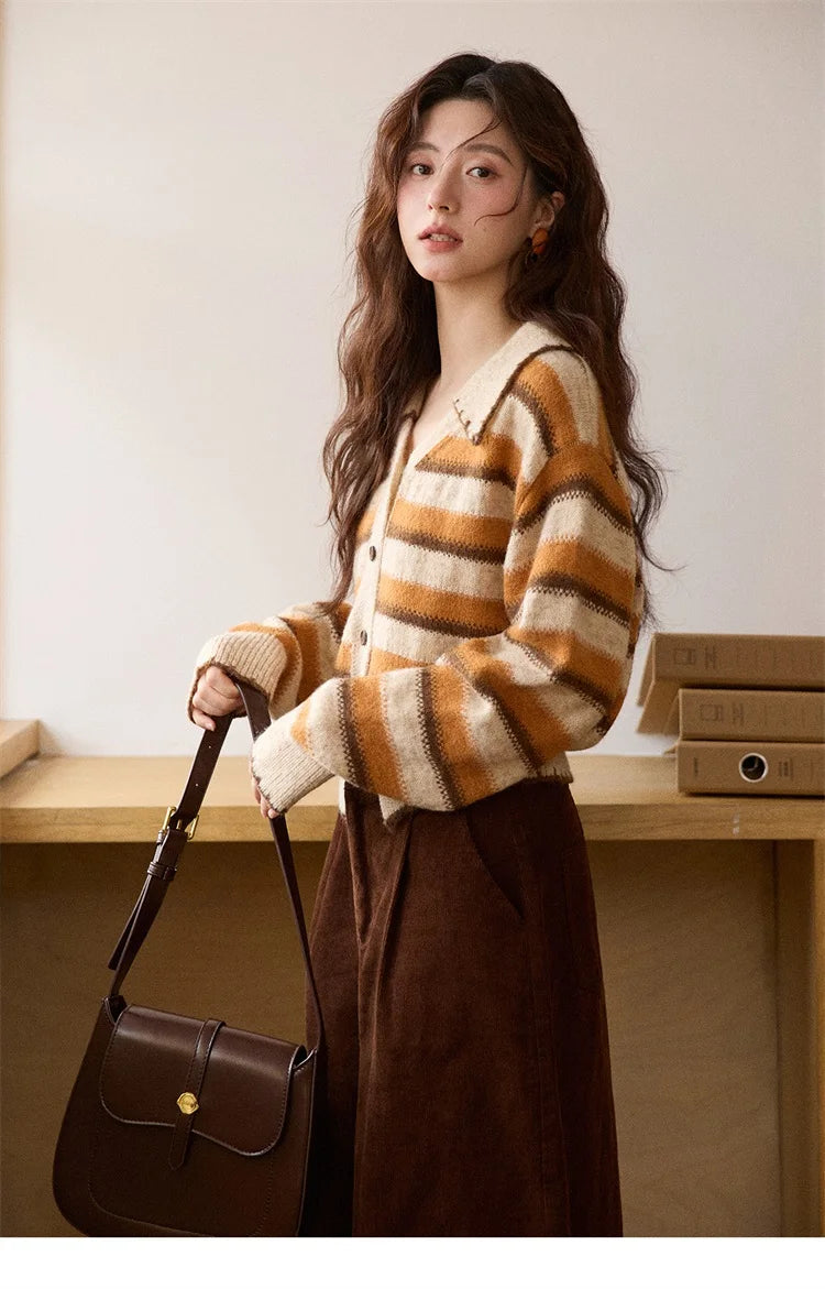 Mishow Retro Striped V-Neck Wool Cardigan MXE87Z2681