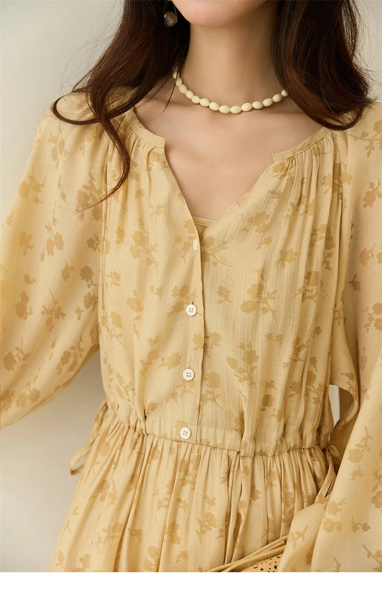 MISHOW Yellow Print Lace Lantern Sleeve Dress MXE47L2527