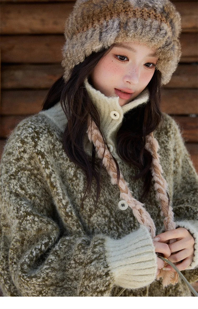 Mishow Green Retro Mottled Stand Collar Cardigan MXE90Z2787
