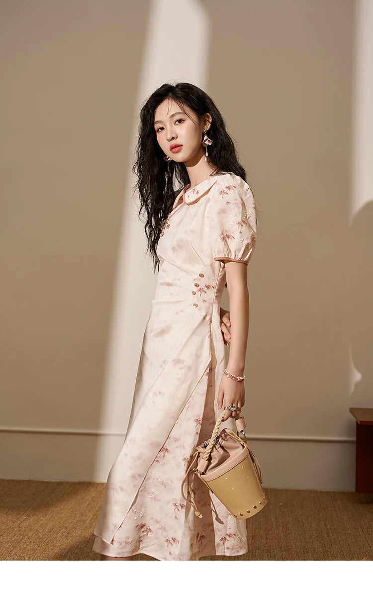 Mishow Chinese Doll Collar Pink Bamboo Print Dress MXD22L1829