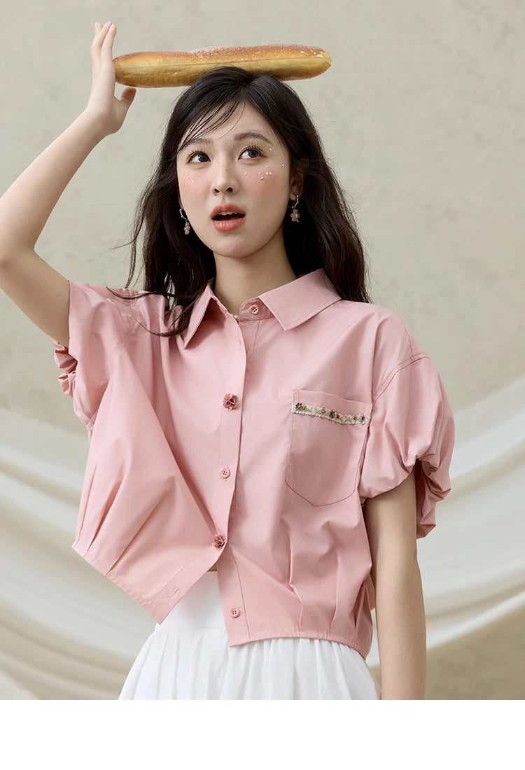 MISHOW Short Puff Sleeve Blouse Turn Down Collar Shell Ribbon MXE33C0773