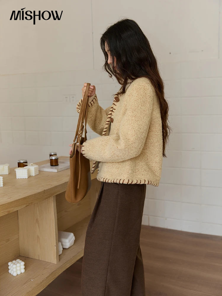 Mishow Apricot Round Neck Wool Blend Coat MXE88W0885