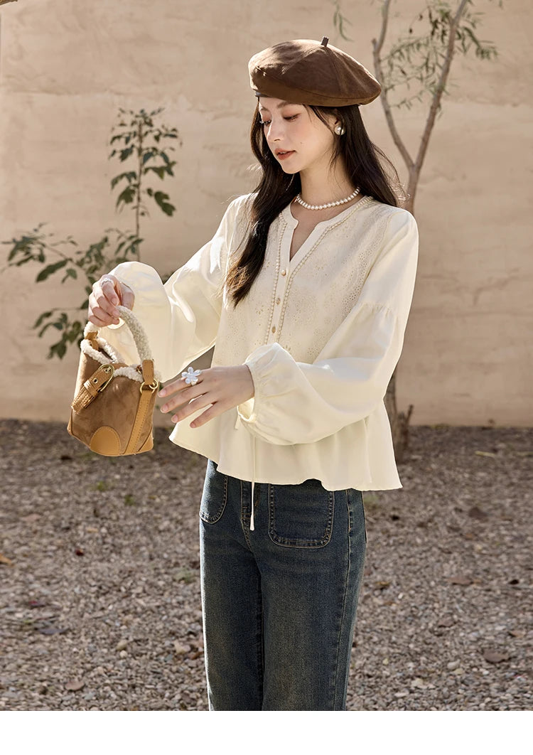 MISHOW French V-Neck Blouse Lace Lantern Sleeve Drawstring Waist MXD45X1660