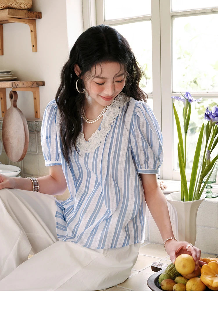 MISHOW Cotton Striped Blouse Lantern Sleeve Lace V-Neck MXE36X1845