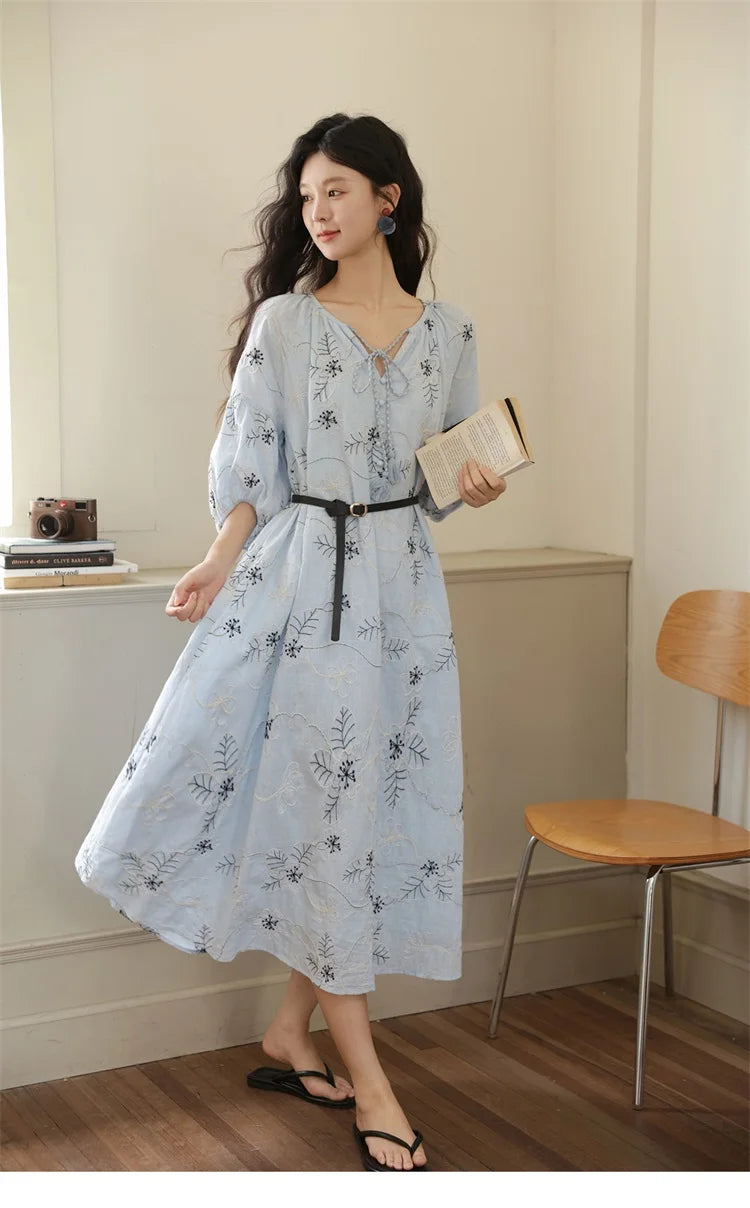 MISHOW Blue Flower Embroidered Lantern Sleeve Dress MXE42L2493