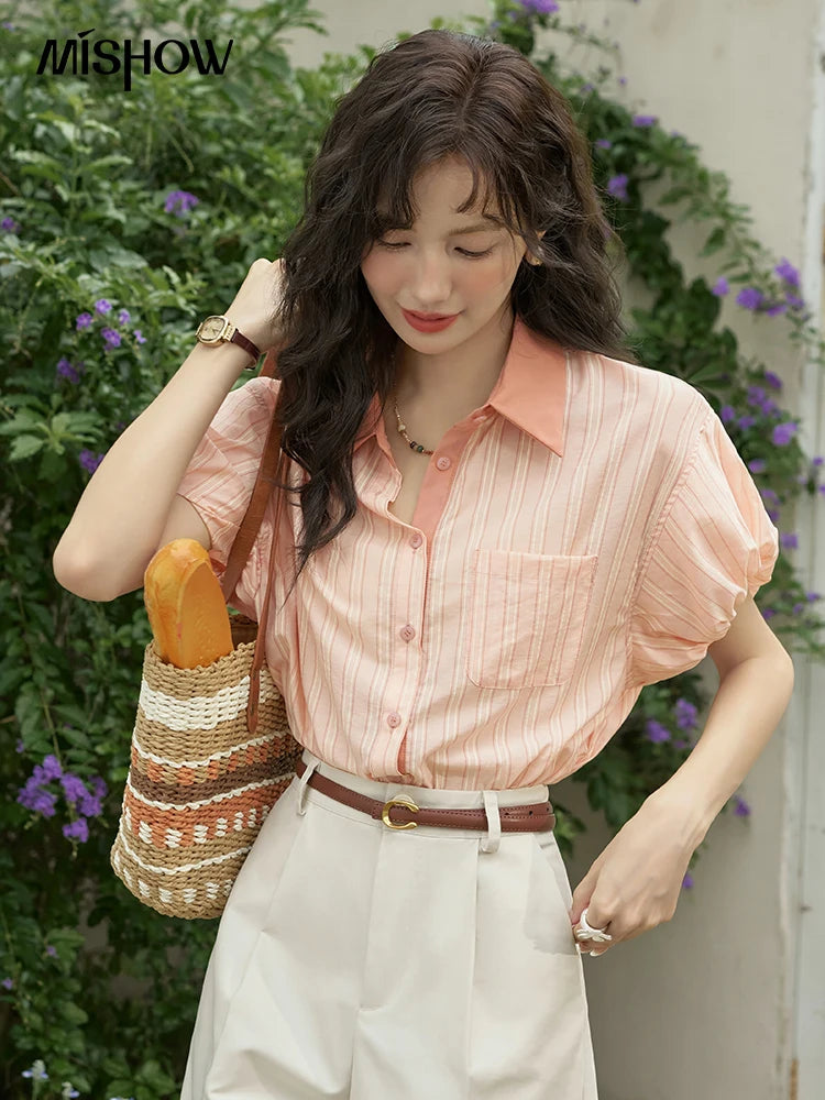 MISHOW Hong Kong Retro Pink Striped Shirt Bubble Sleeve Lapel MXD28C0250