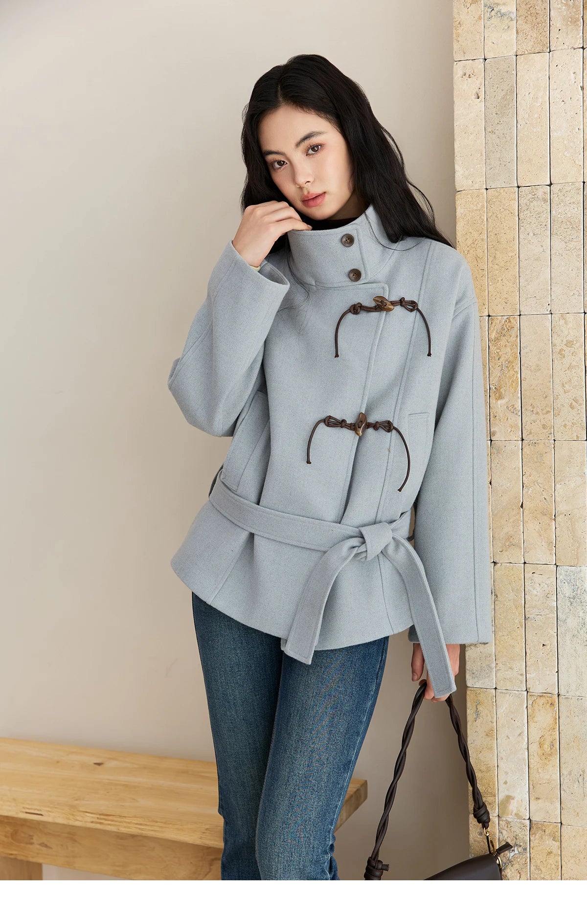 Mishow Blue Double-Breasted Lace Up Woolen Coat MXE51W0872