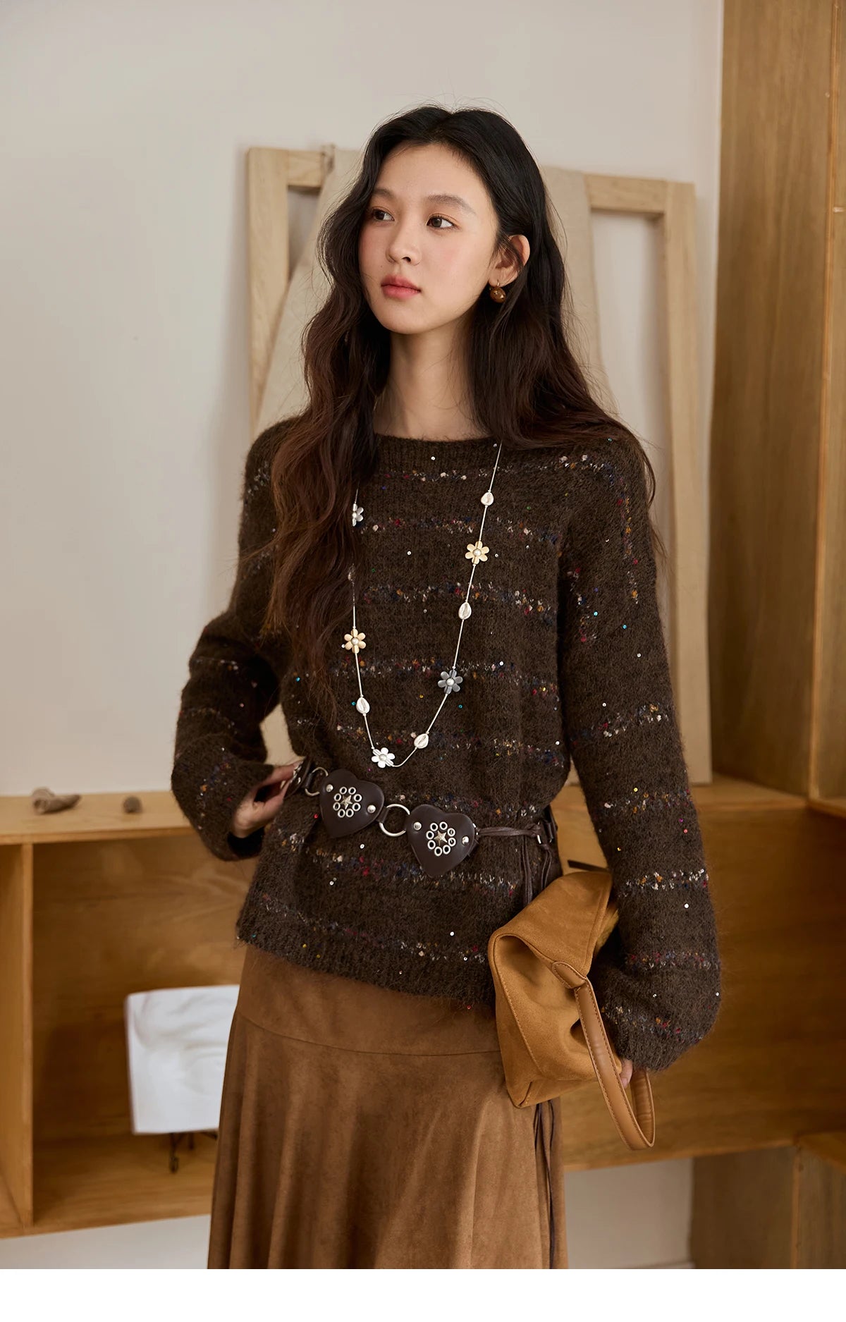Mishow Brown Chrysanthemum Yarn Round Neck Sweater MXE47Z2574