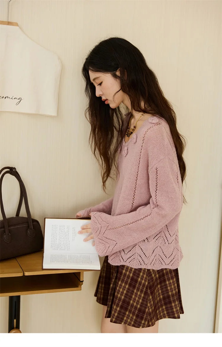 Mishow Purple Hollow Wave V-Neck Crochet Pullover MXE45Z1391