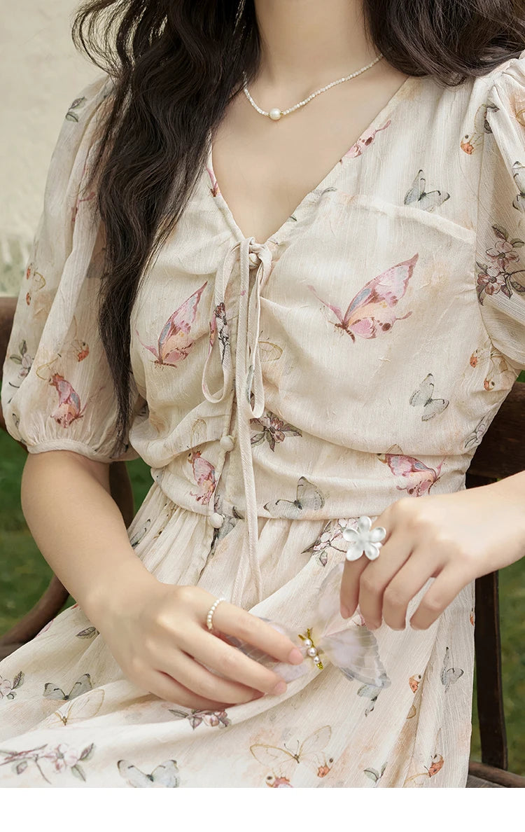 Mishow Butterfly Print V-Neck Lace-Up Bubble Sleeve Dress MXD15L1778