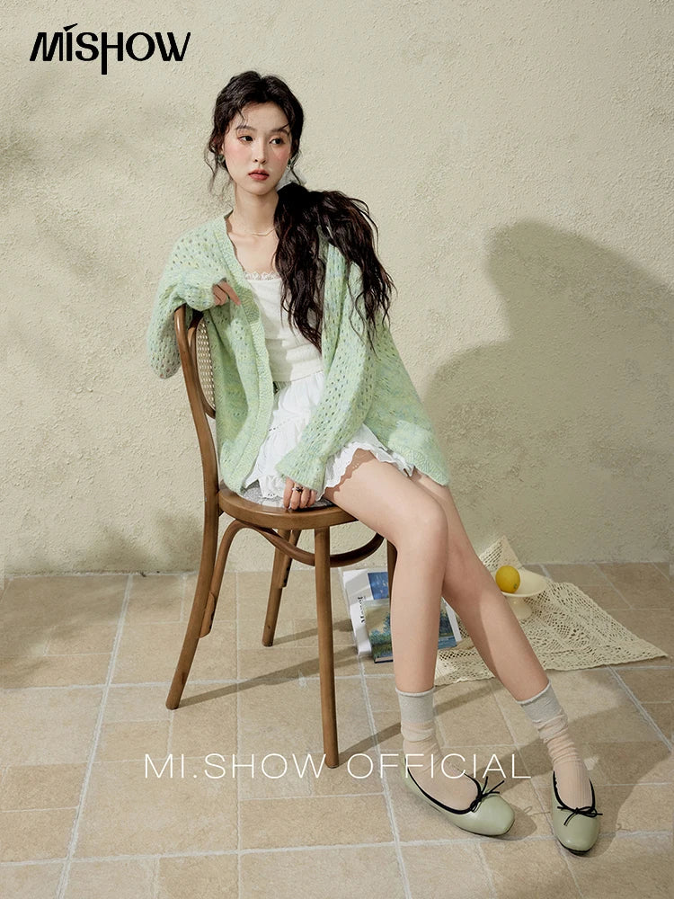 Mishow Green Hollow Out Wave Neck Cardigan MXE12Z1212