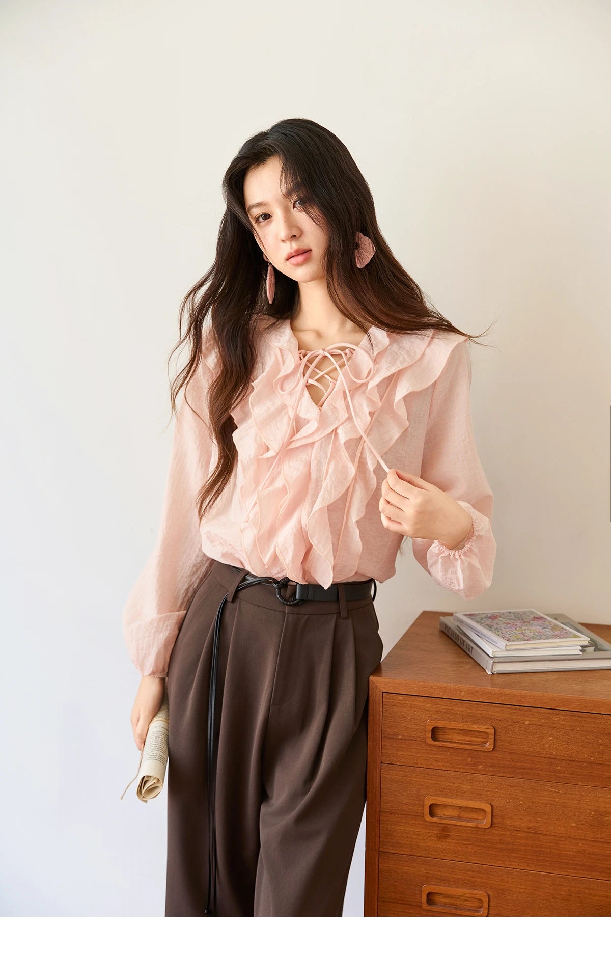 MISHOW Pink Ruffled Blouse V-Neck Lace Up Lantern Sleeve MXE49X2504