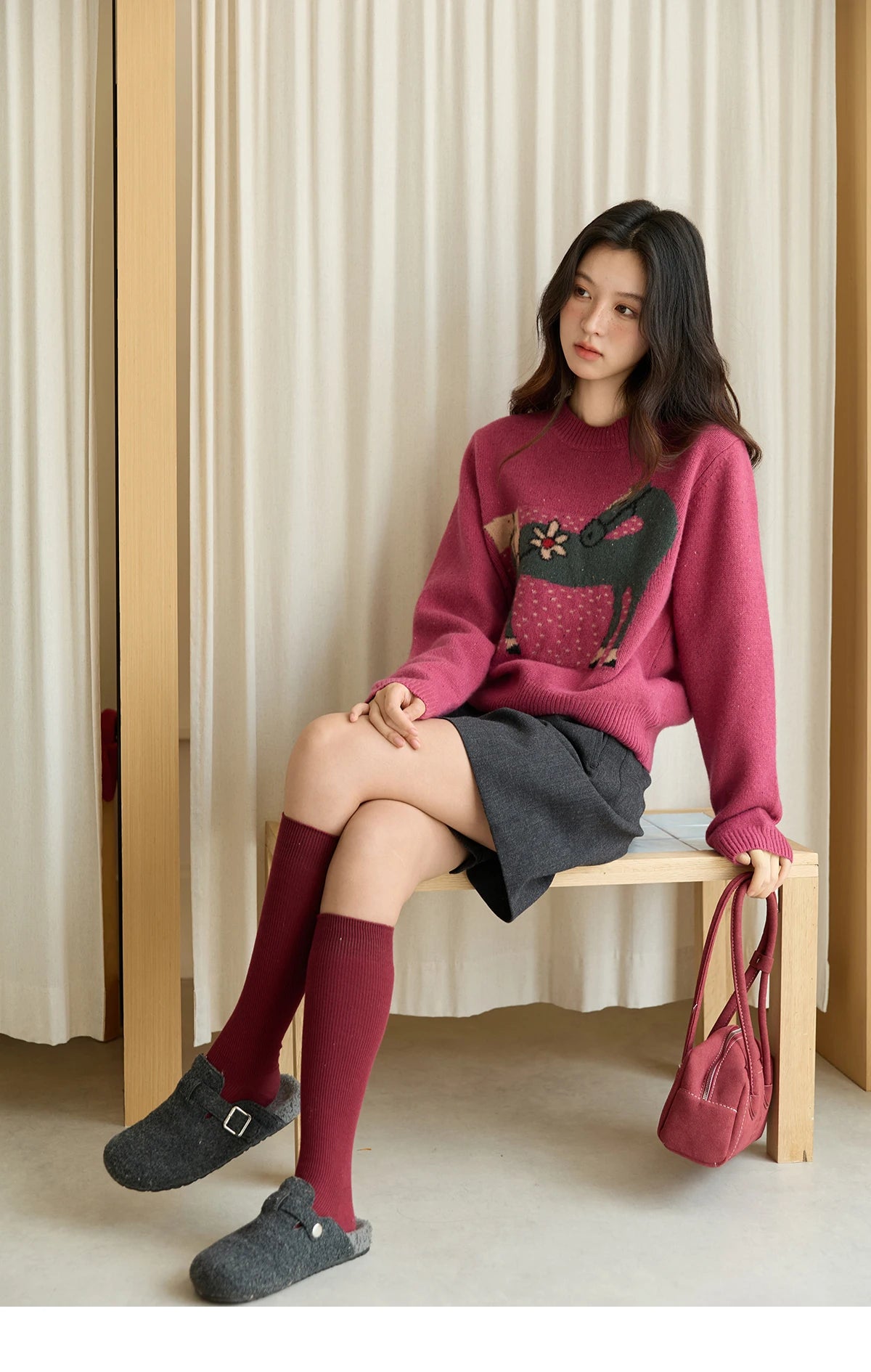 Mishow Red Pony Jacquard Round Neck Pullover MXE48Z2622
