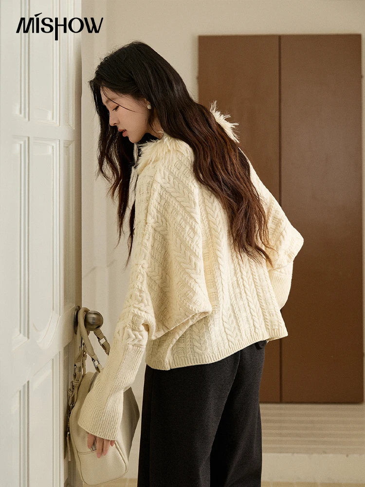 Mishow Faux Fur Collar Batwing Cable Knit Pullover MXE94Z2985