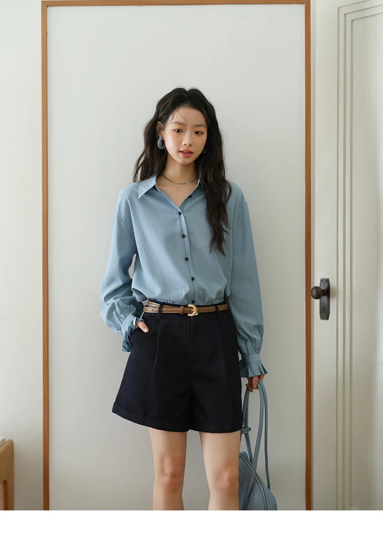 MISHOW Women's Color Block Shirt Pleated Cuffs Lapel Top MXE41C2352