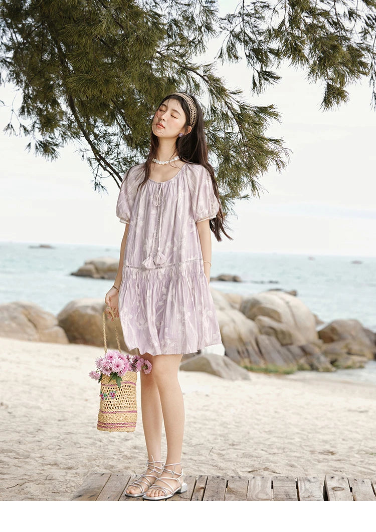Mishow Print U-Neck Lace Hollow Chiffon Dress MXE32L2164