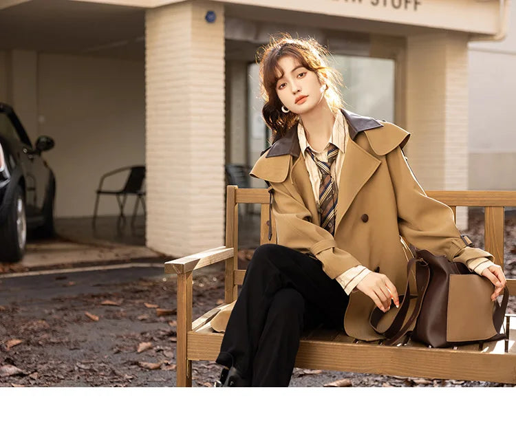 Mishow Polo Collar Patchwork Long Trench Coat MXB33W0399