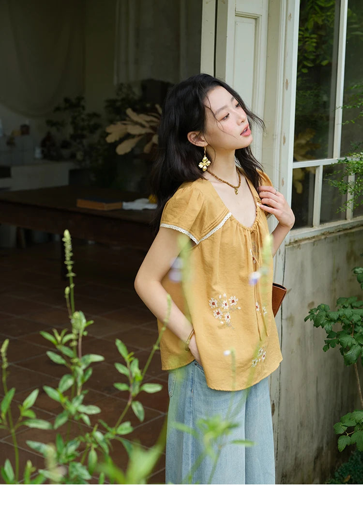 MISHOW Embroidery Flower Blouse O-Neck Lace Up Flying Sleeve MXE39X1880