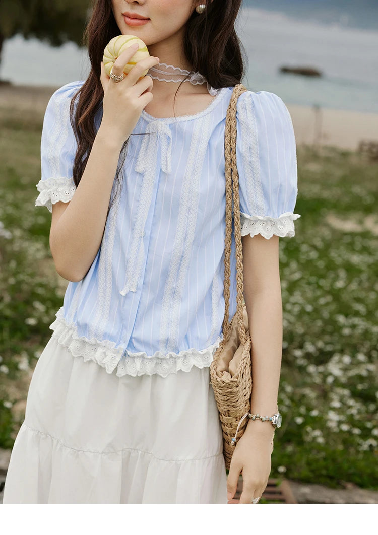 MISHOW Striped Blouse Short Puff Sleeve Lace Patchwork MXE32X1759