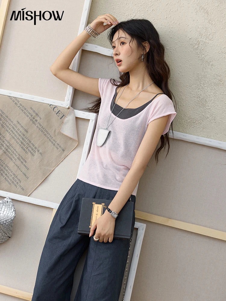 Mishow Linen Contrast Fake Two-Piece Knit Tee MXE36Z1277