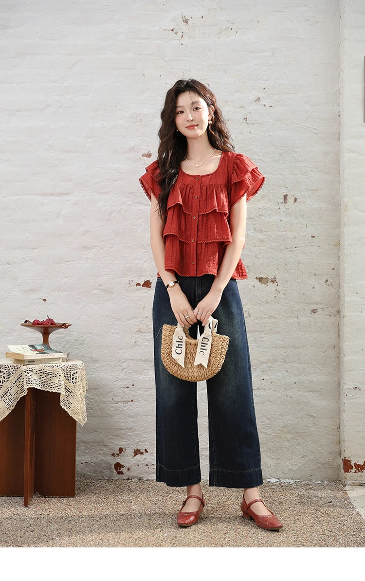 MISHOW French Square Collar Blouse Red Ruffle Lace Cake Puff Sleeve MXD30X1488