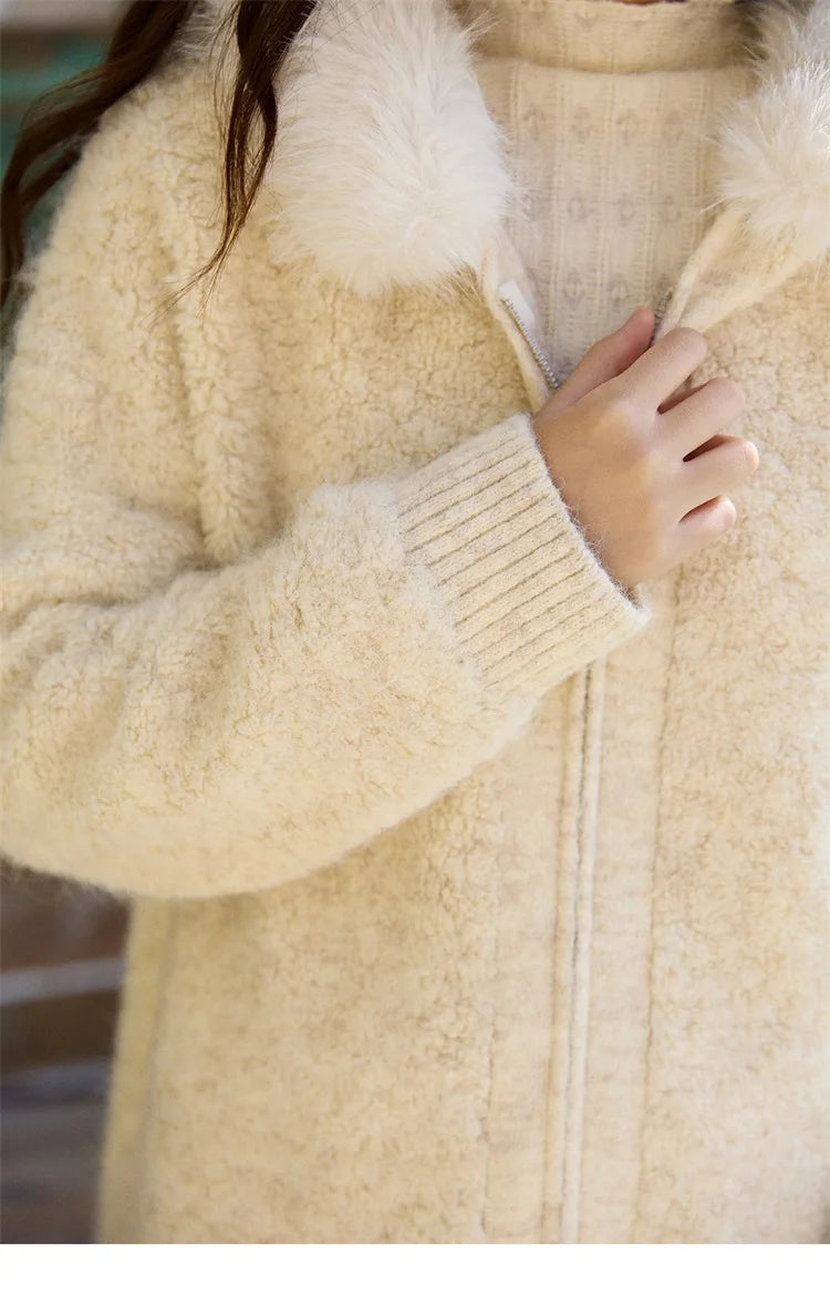 Mishow Beige Fur Hood Zipper Cardigan MXE94Z2963