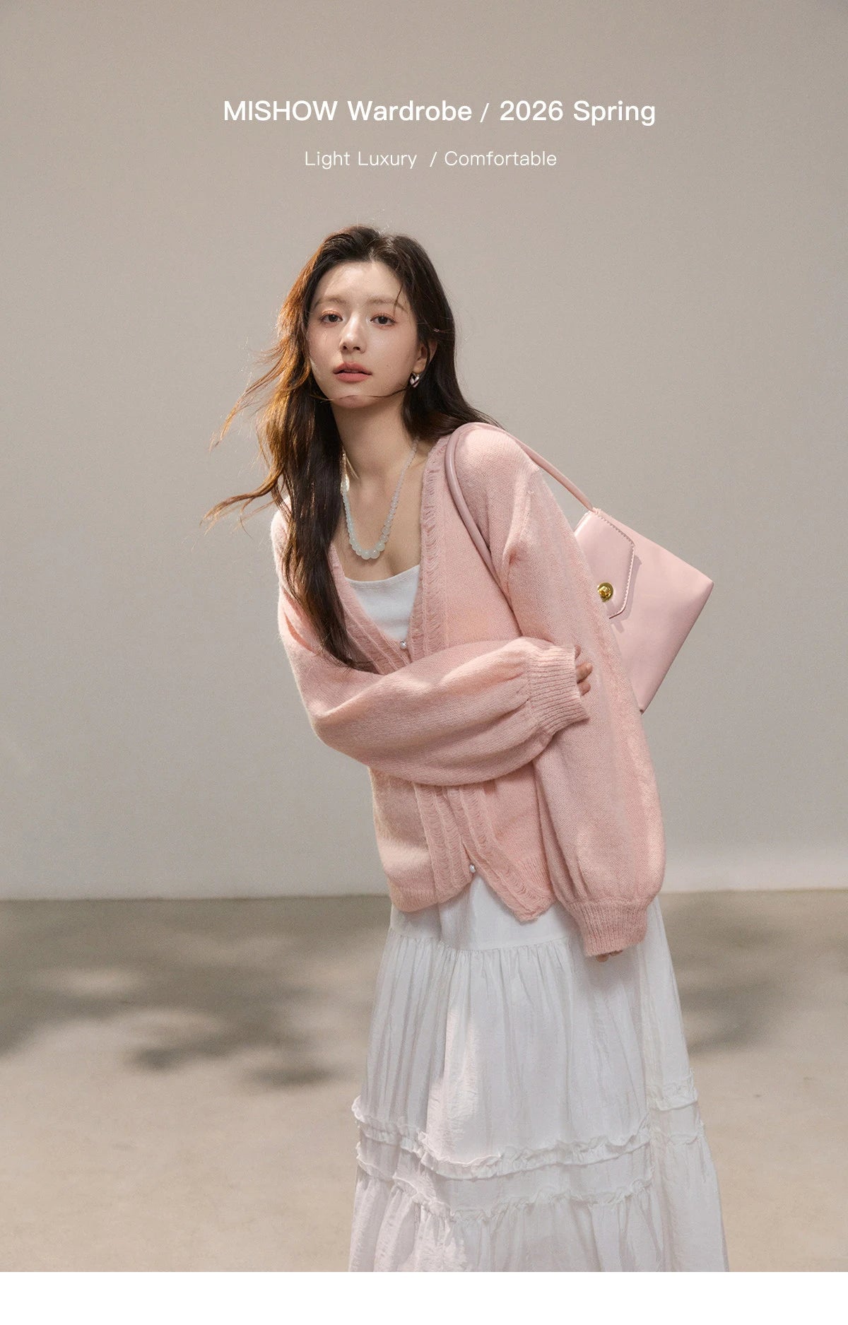 Mishow Pink Ruffled Pearl Button V-Neck Cardigan MXF108Z1028