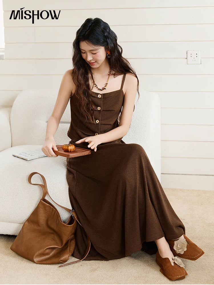 Mishow Retro Dark Brown Tank Top & Pleated A-Line Skirt Set MXE46T1378