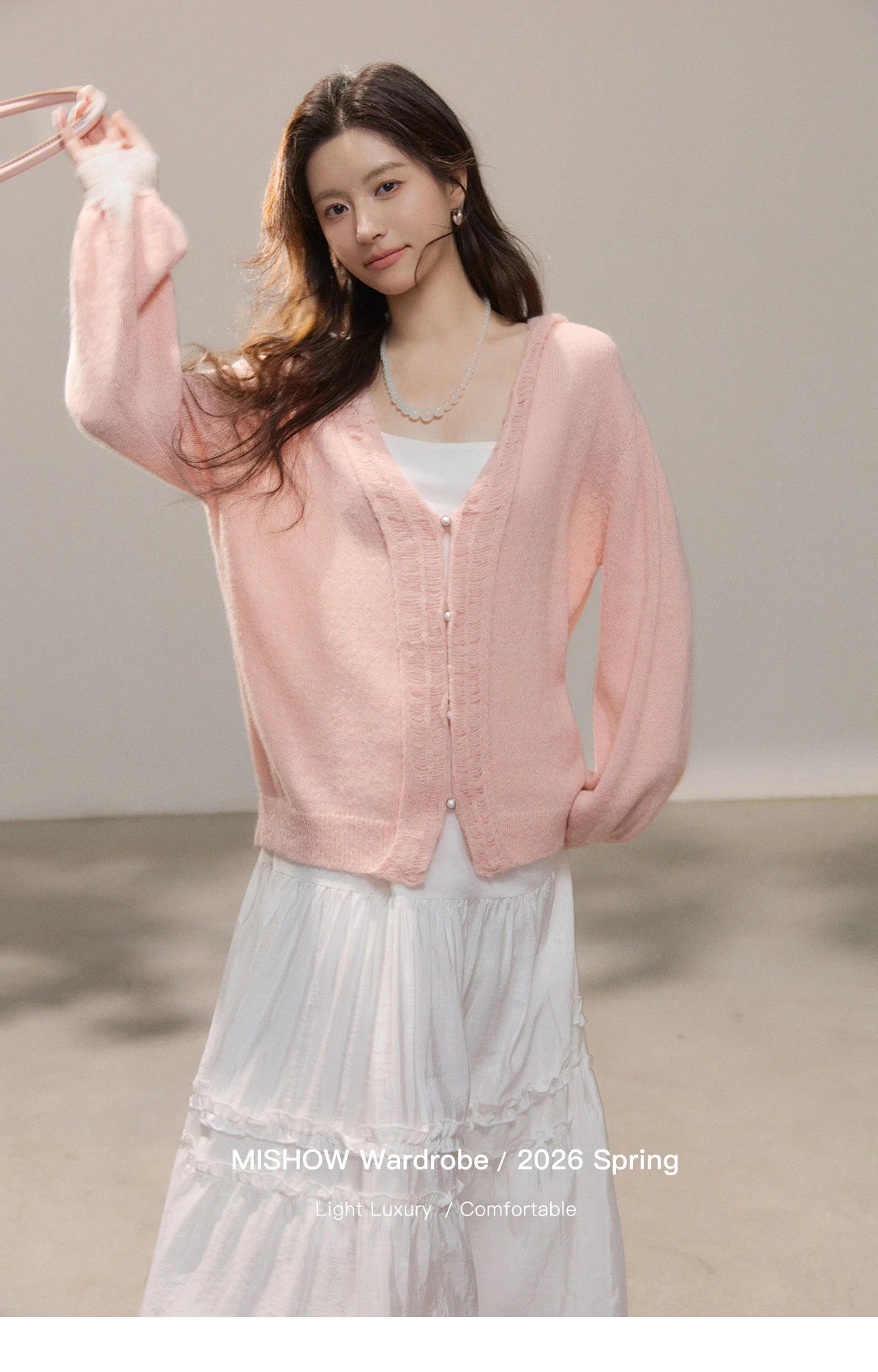 Mishow Pink Ruffled Pearl Button V-Neck Cardigan MXF108Z1028