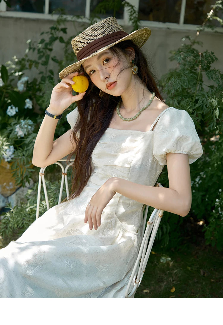 Mishow Paisley Embroidery Square Neck Puff Sleeve Dress MXE34L2265