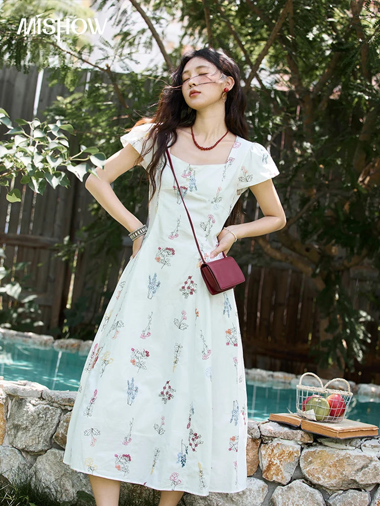 Mishow French Embroidery Square Neck Puff Sleeve Dress MXE39L2389