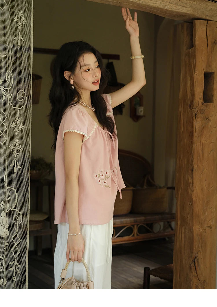 MISHOW Embroidery Flower Blouse O-Neck Lace Up Flying Sleeve MXE39X1880