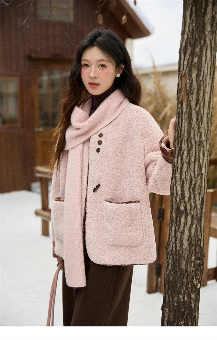 Mishow Plaid Patchwork Lamb Wool Round Neck Coat MXE90W0923