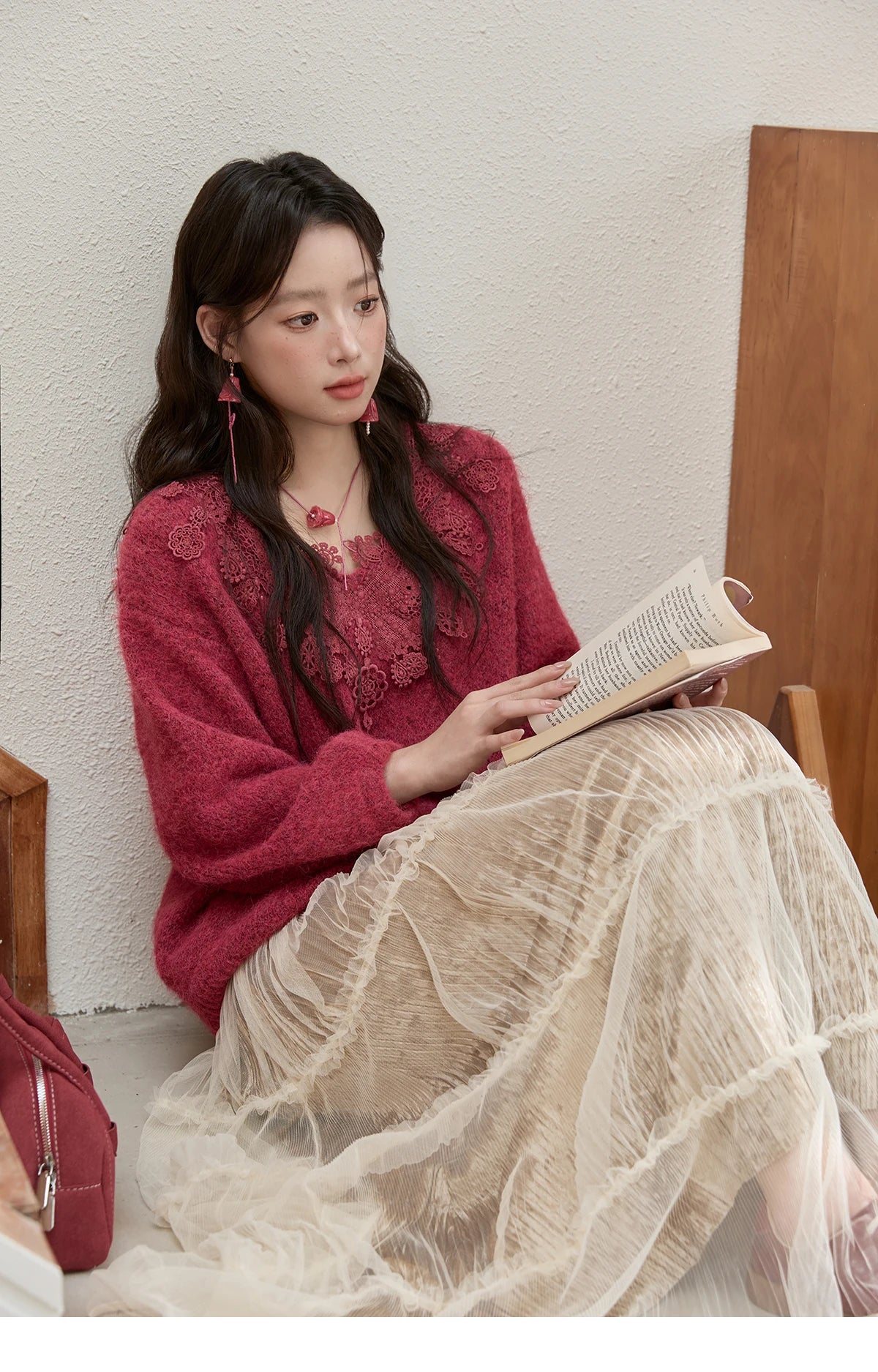 Mishow Pink Lace Wool V-Neck Lantern Sleeve Pullover MXE51Z2632