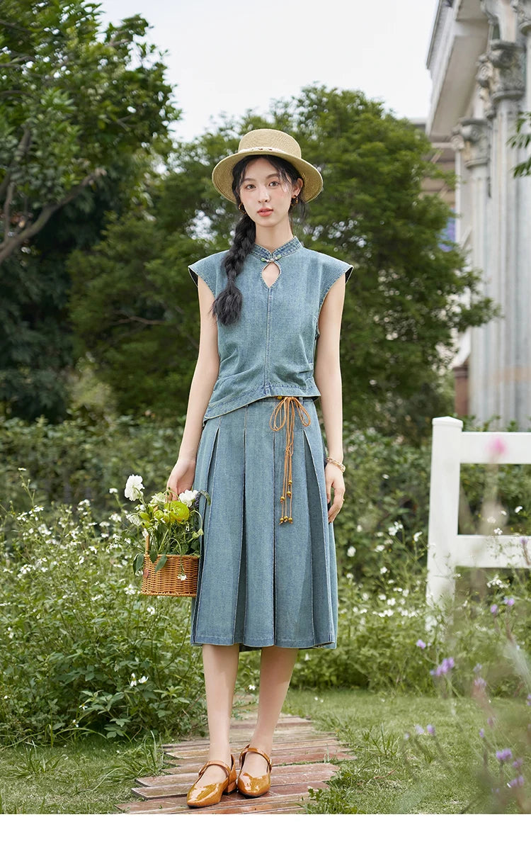 Mishow Chinese Stand Collar Vest & Pleated Denim Skirt Set MXD21X1465