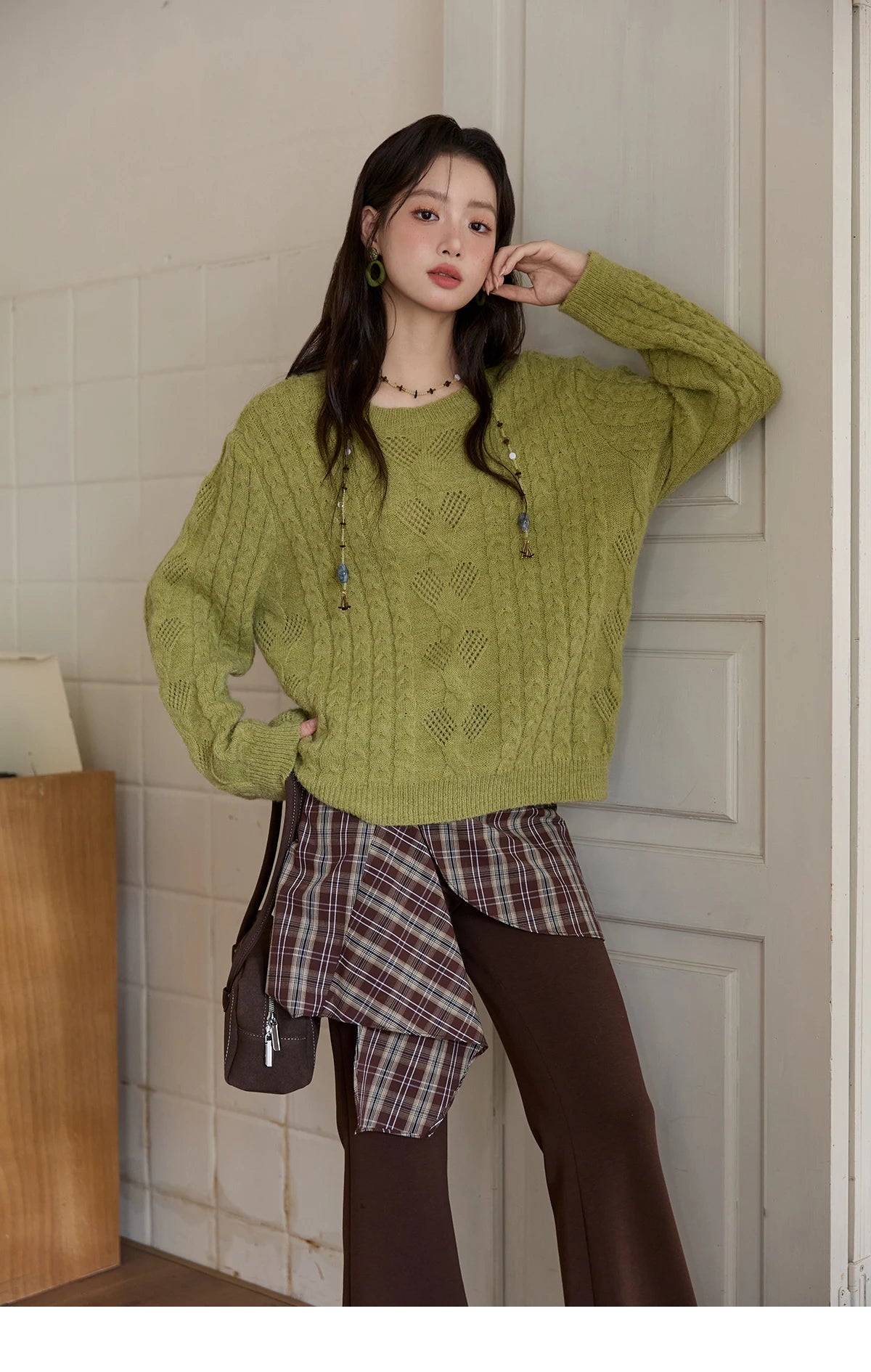 Mishow Green Retro Twisted Rope Hollow Pullover MXE49Z2520