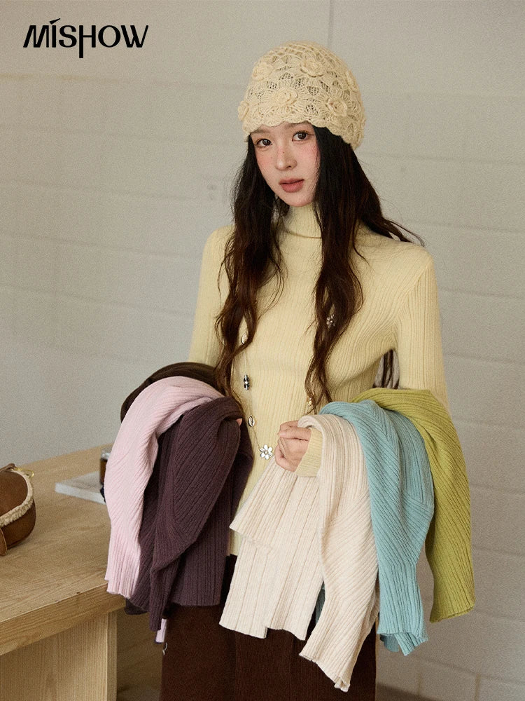 Mishow Solid Turtleneck Vertical Ribbed Slim Top MXE86Z2656