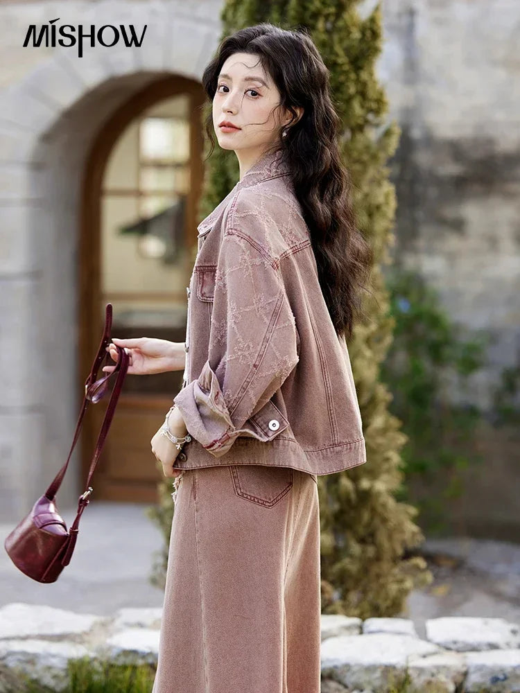 Mishow Cowboy Thick Jacquard Jacket & Mid Long Skirt Set MXE14W0754
