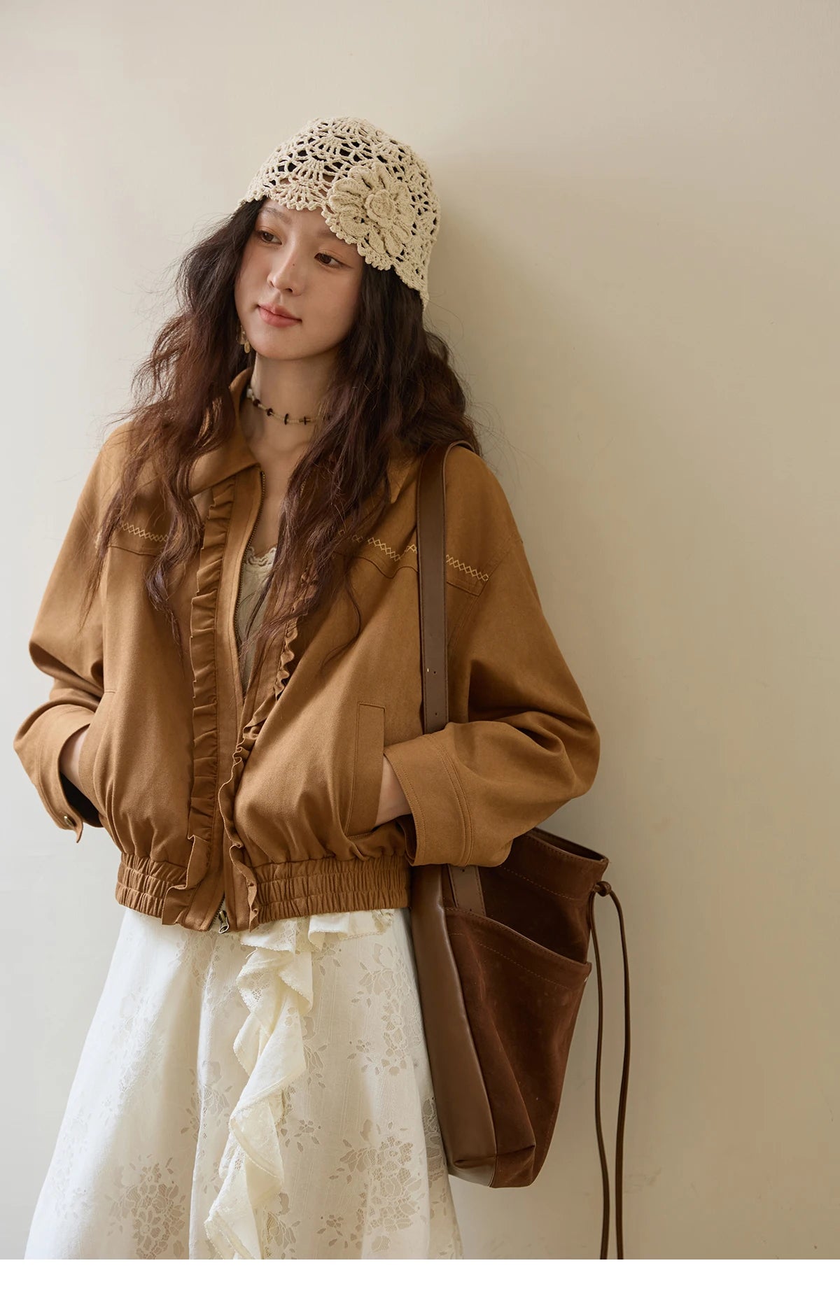 MISHOW Brown Suede Short Coat Fungus Edge Pleating Lapel Zipper MXE43W0803