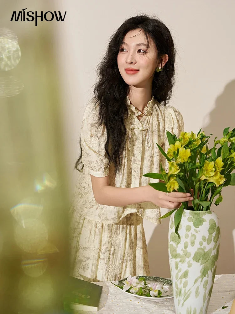 Mishow Chinese Embroidered Puff Sleeve Top & A-Line Skirt Set MXD24X1405