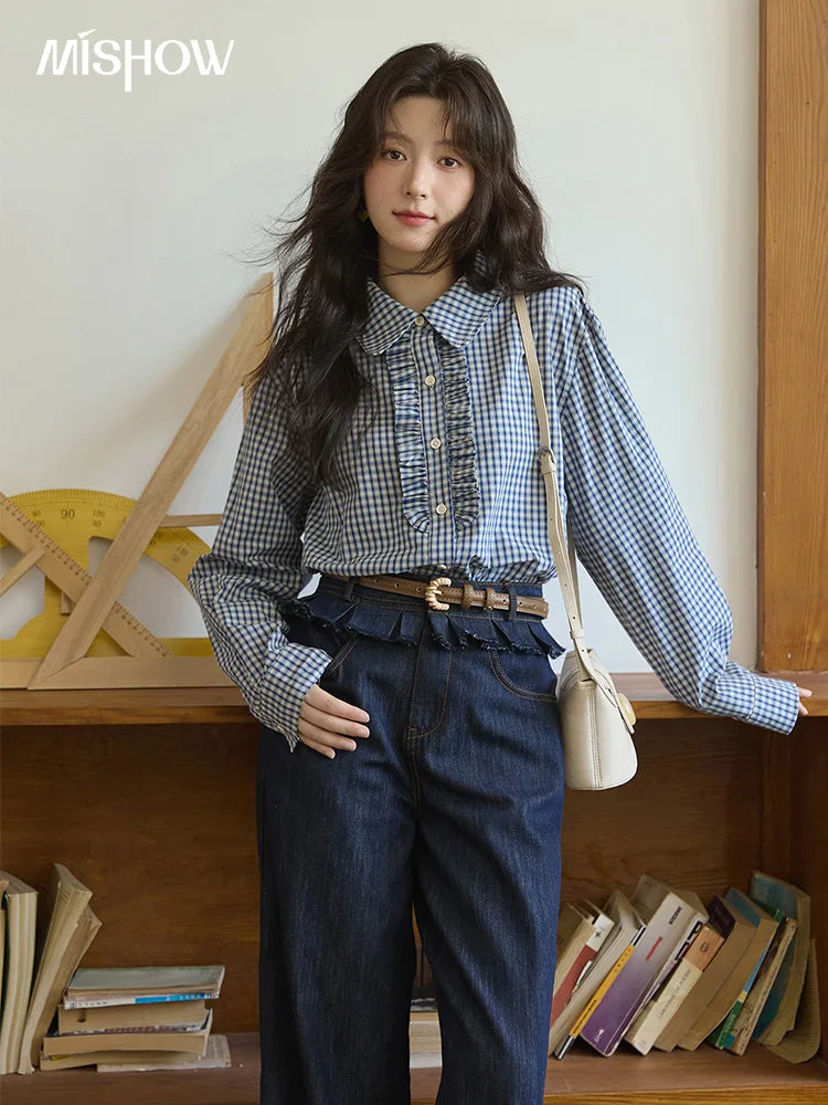 MISHOW Blue Plaid Cotton Shirt Doll Collar Dropped Shoulder MXE44C2391