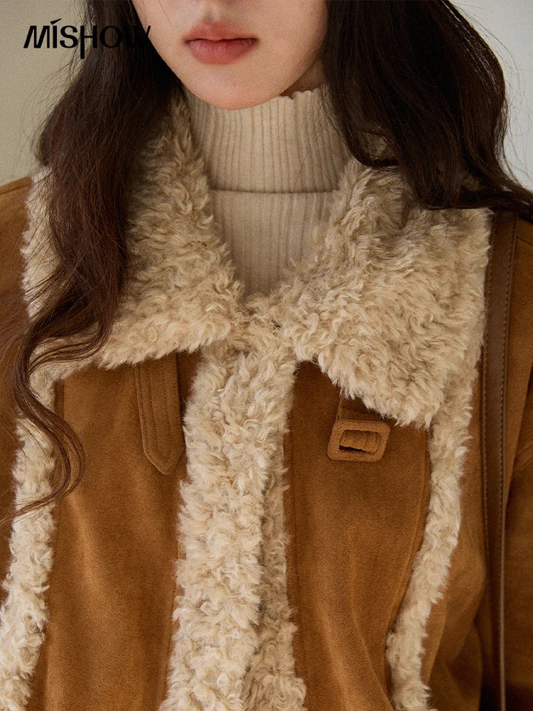 MISHOW Retro Brown Suede Jacket Patchwork Fur Turn Down Collar MXE89W0895