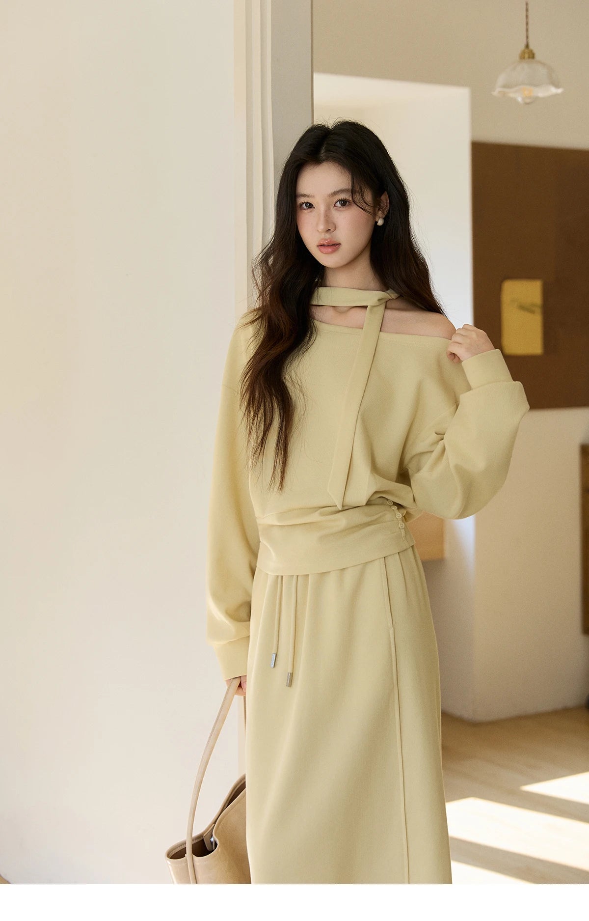 Mishow Light Yellow Off-Shoulder Top & Rear Fork Midi Skirt Set MXE11T1489