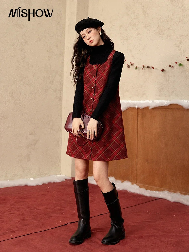 Mishow Plaid Square Neck Woolen Vest Dress MXD58L2078