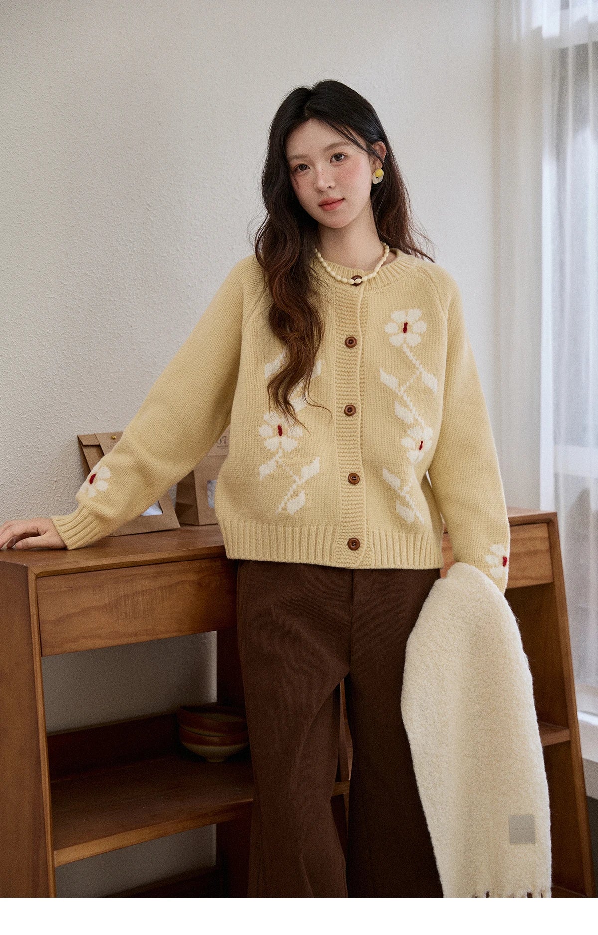 Mishow Yellow Floral Jacquard Retro Cardigan MXE86Z2738