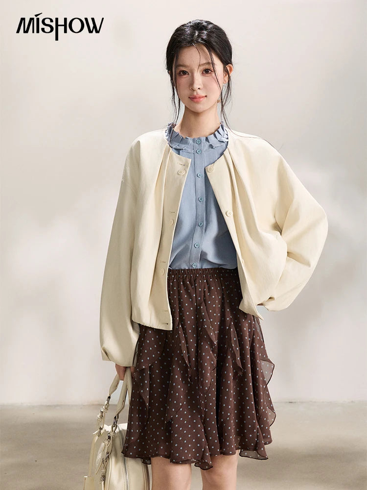 MISHOW Imitation Protein Skin Leather Jacket Ruffled Collar Button-Up MXF108W1019