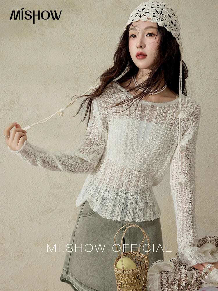 Mishow Apricot White Hollow Mohair Drop Sleeve Top MXE12Z1120