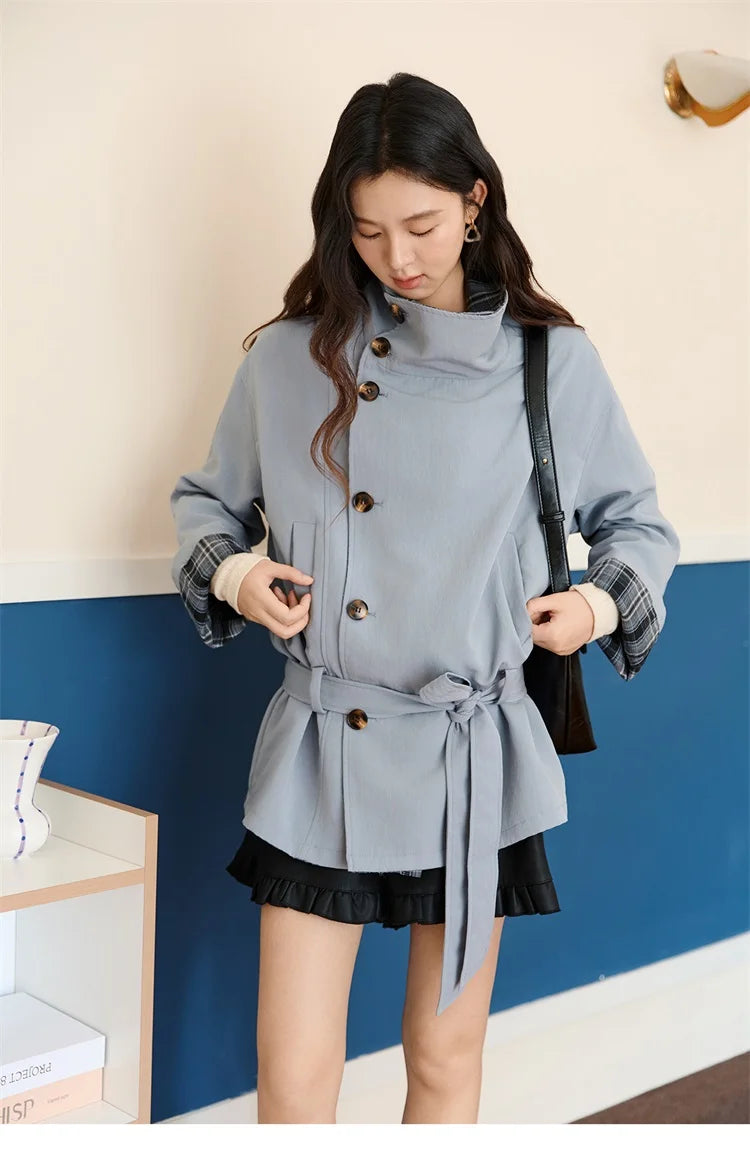 Mishow Blue Plaid Two-Sided Trench Coat MXE48W0871