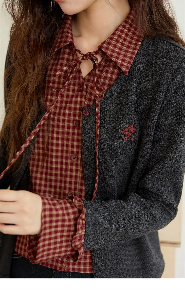 MISHOW Fake Two Knitted Sweater Plaid Splicing Flare Sleeve MXE45Z1401